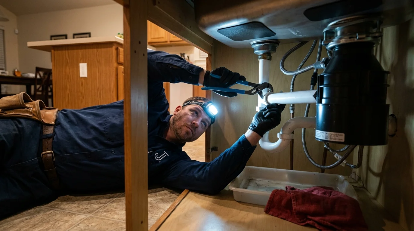 P-trap and supply line connections under a kitchen sink showing a common leak point in Litchfield, IL